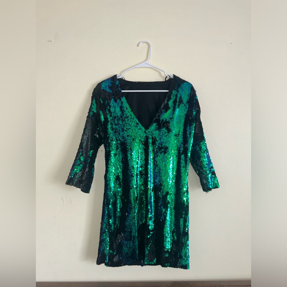 Green Sequin V-neck Mini Dress